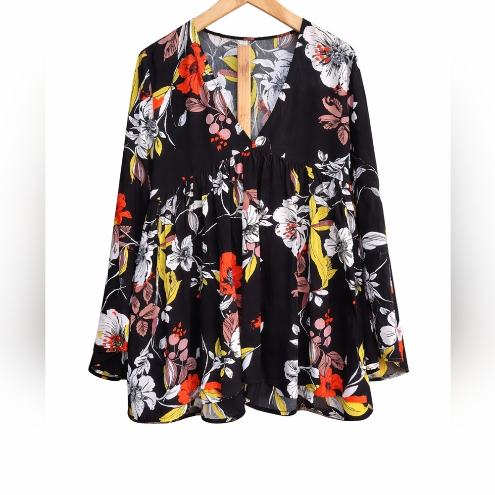 Free People Black Floral Babydoll Tunic Dress M Boho V Neck Flowy Mini Festival - Picture 2 of 16
